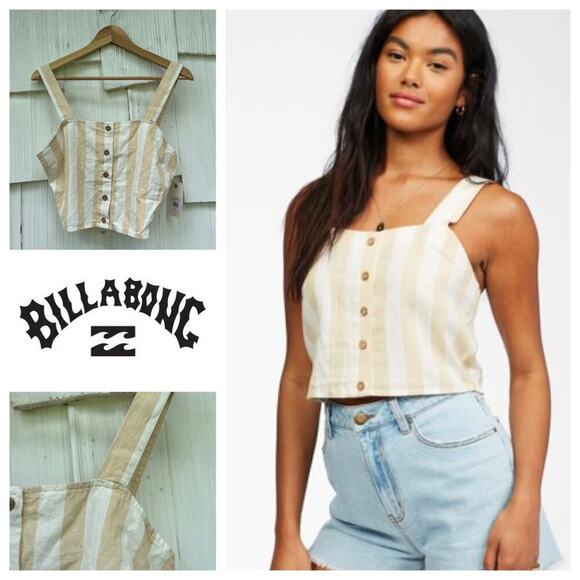 Billabong East Side Cropped Top Beige White Cotton Linen Blend Button Down Sz M - Picture 1 of 9
